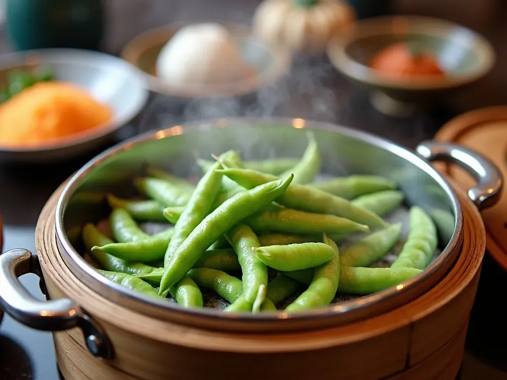 蒸し器での枝豆調理